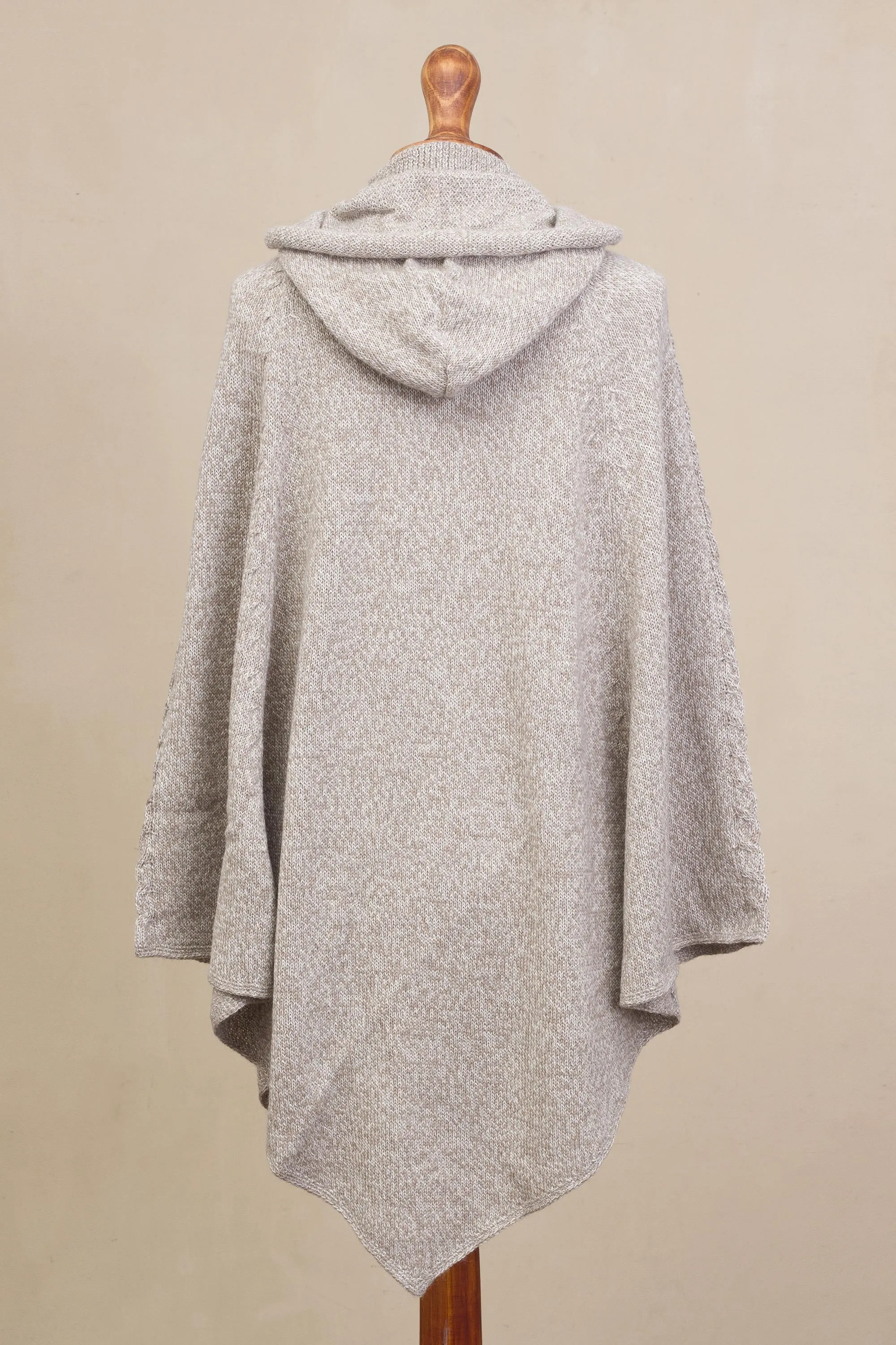 Adventurous Style in Taupe Knit Alpaca Blend Hooded Poncho in Taupe from Peru