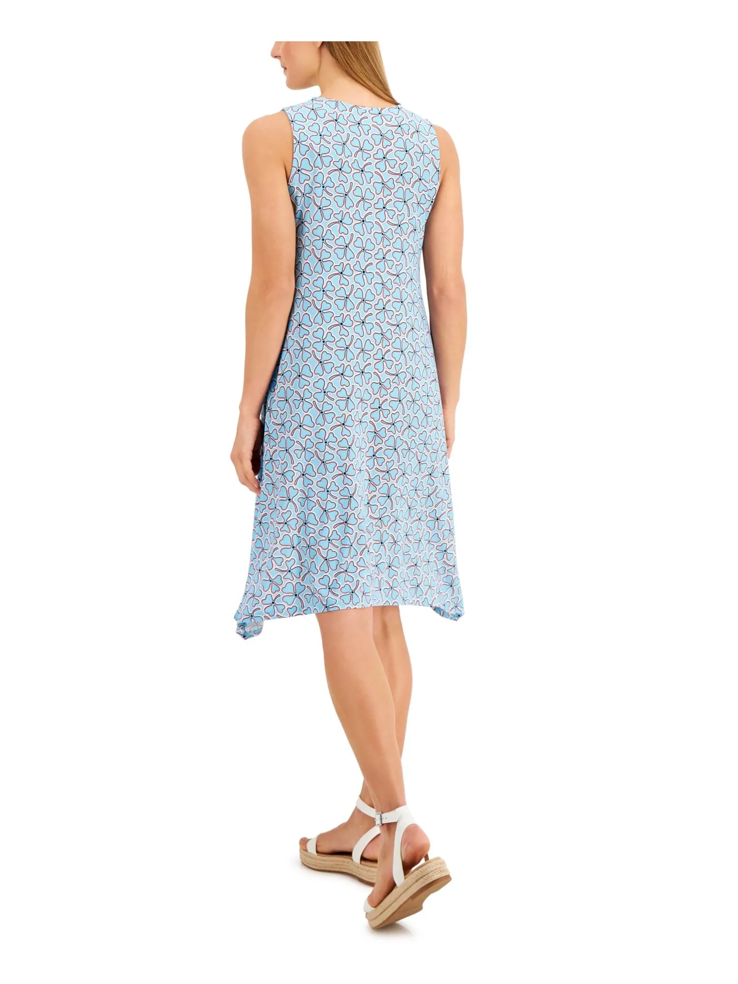 ANNE KLEIN Womens Light Blue Stretch Pocketed Asymmetrical-hem Printed Sleeveless Scoop Neck Midi Shift Dress