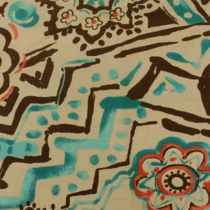 Beige-Teal-Multi Aztec And Floral Printed Cotton Voile Woven Fabric