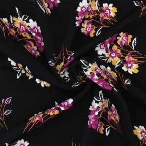 Black-Purple-Multi Floral Printed Poly Twill Satin Woven Fabric