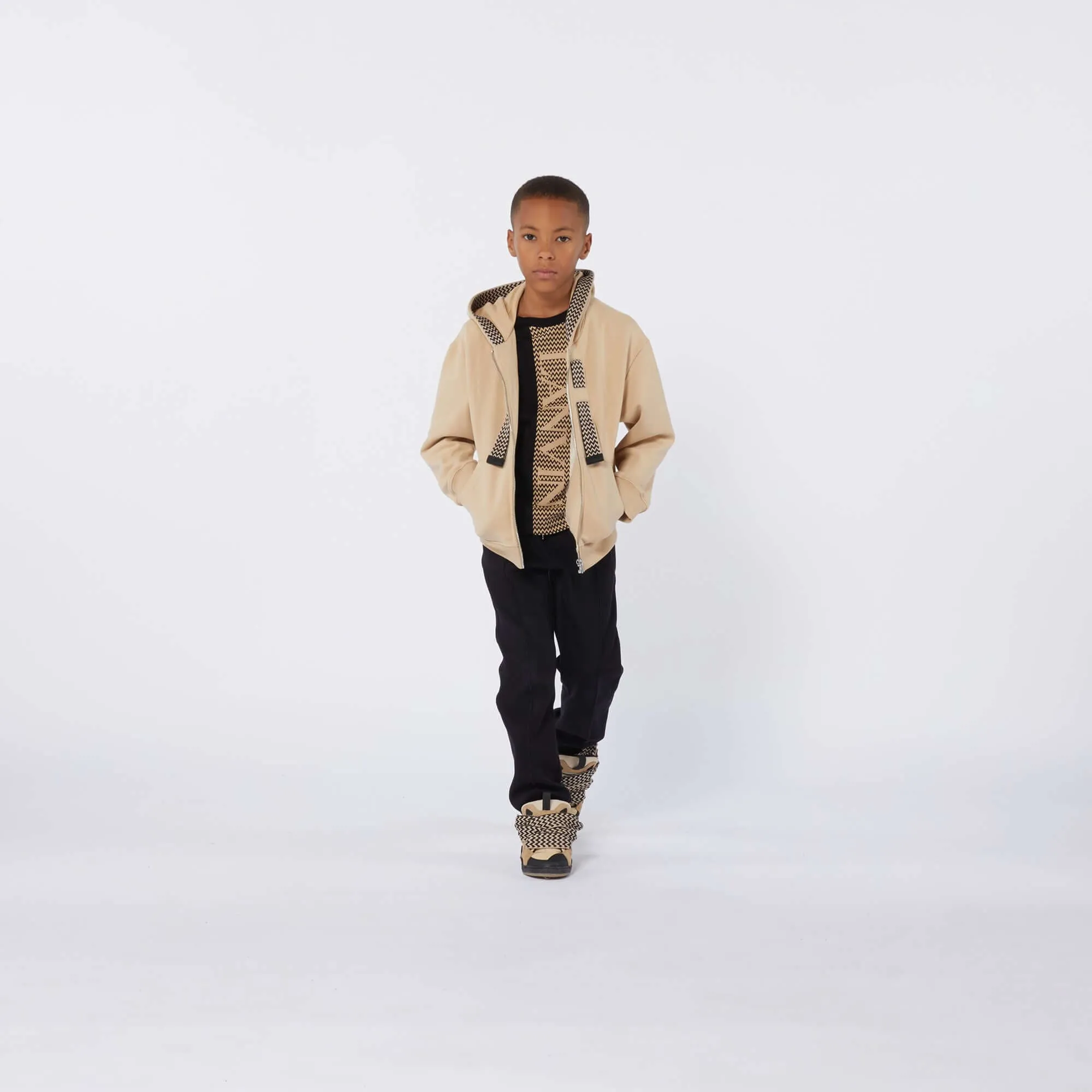 Boys Beige Curb Logo Zip Up Hoodie