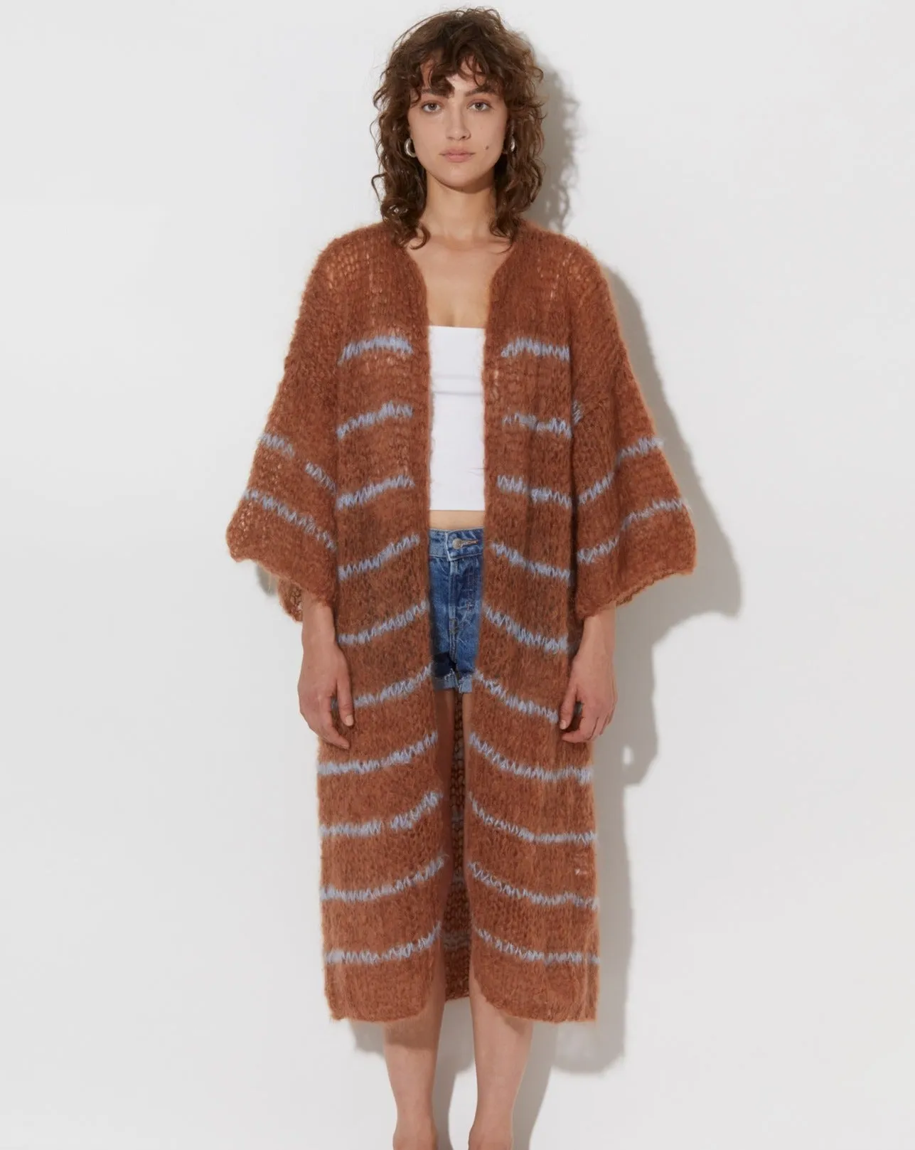 Camel & Soft Blue Mohair Stripe Coat