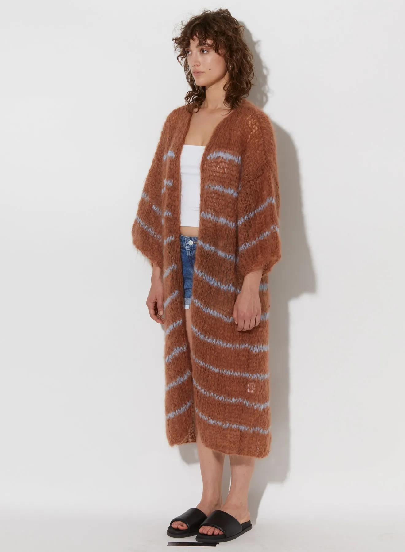 Camel & Soft Blue Mohair Stripe Coat