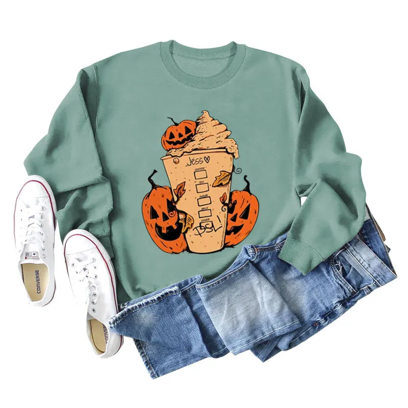 Cross-border Jess Dsl Pumpkin Ice Cream Coffee Letter Printing Round Neck Fashion Long Sleeve Sweater