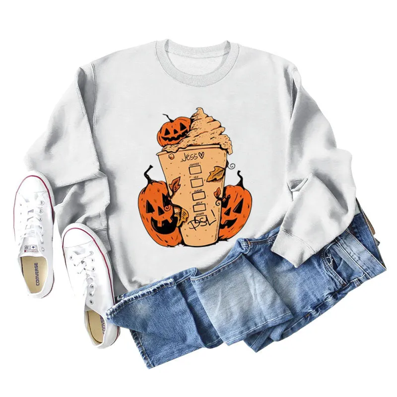 Cross-border Jess Dsl Pumpkin Ice Cream Coffee Letter Printing Round Neck Fashion Long Sleeve Sweater