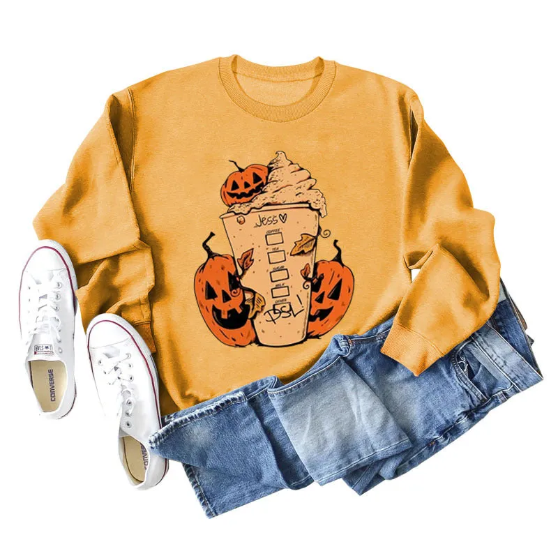 Cross-border Jess Dsl Pumpkin Ice Cream Coffee Letter Printing Round Neck Fashion Long Sleeve Sweater