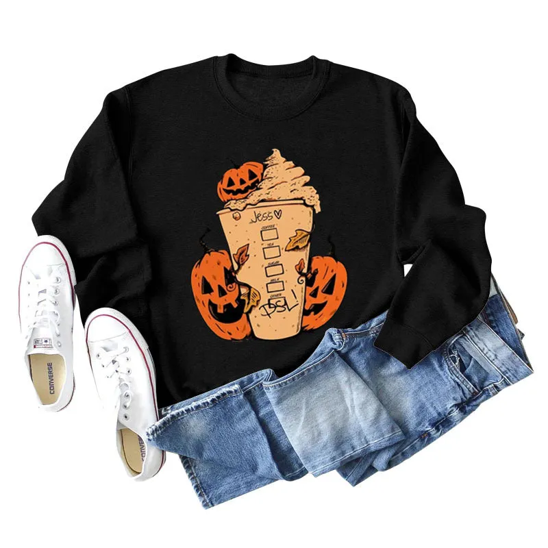 Cross-border Jess Dsl Pumpkin Ice Cream Coffee Letter Printing Round Neck Fashion Long Sleeve Sweater