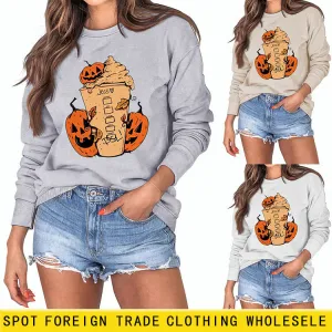 Cross-border Jess Dsl Pumpkin Ice Cream Coffee Letter Printing Round Neck Fashion Long Sleeve Sweater