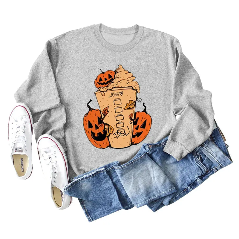 Cross-border Jess Dsl Pumpkin Ice Cream Coffee Letter Printing Round Neck Fashion Long Sleeve Sweater