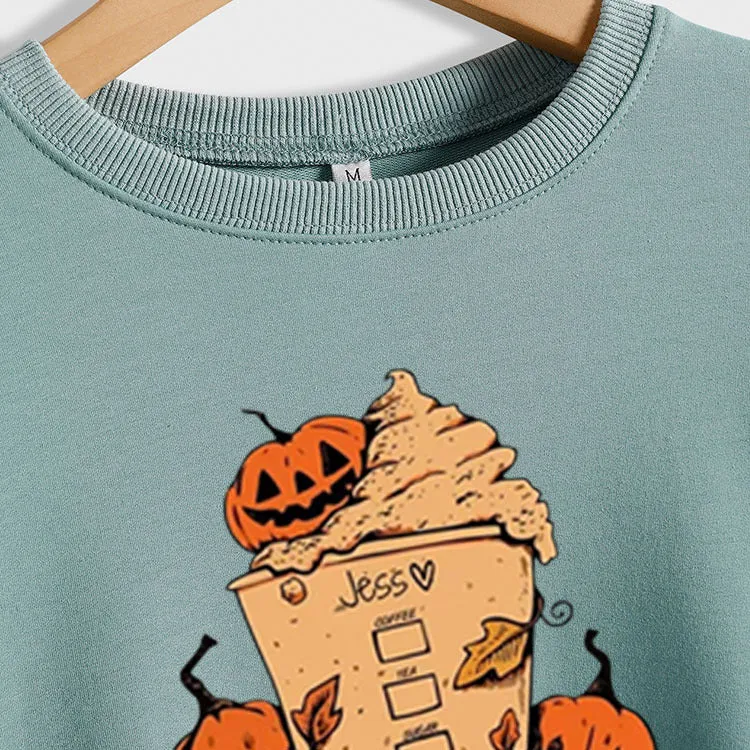 Cross-border Jess Dsl Pumpkin Ice Cream Coffee Letter Printing Round Neck Fashion Long Sleeve Sweater