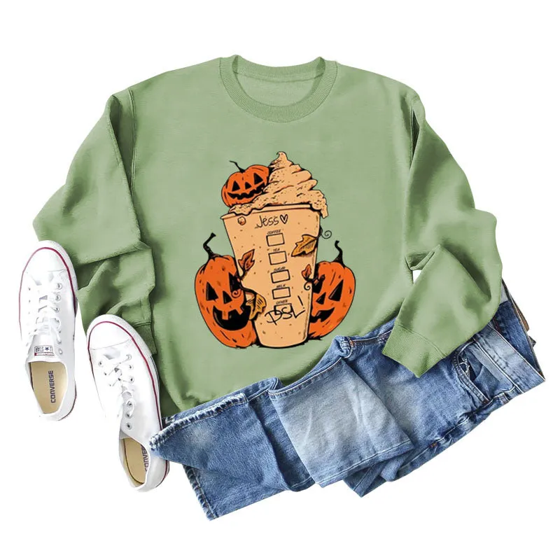 Cross-border Jess Dsl Pumpkin Ice Cream Coffee Letter Printing Round Neck Fashion Long Sleeve Sweater