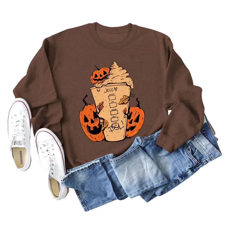 Cross-border Jess Dsl Pumpkin Ice Cream Coffee Letter Printing Round Neck Fashion Long Sleeve Sweater