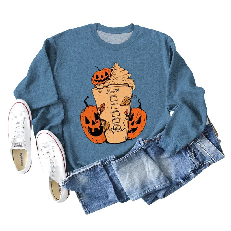 Cross-border Jess Dsl Pumpkin Ice Cream Coffee Letter Printing Round Neck Fashion Long Sleeve Sweater