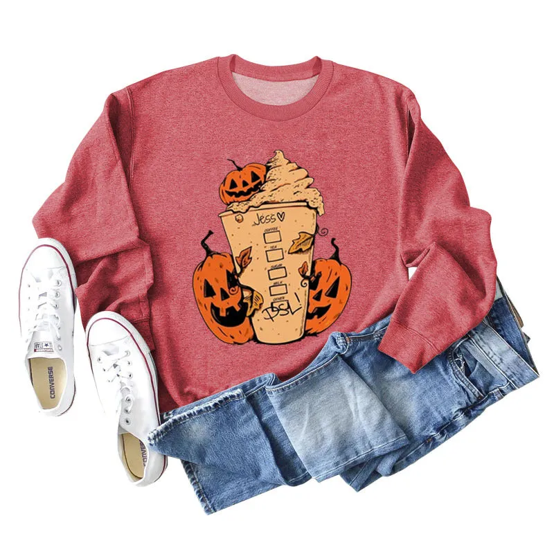 Cross-border Jess Dsl Pumpkin Ice Cream Coffee Letter Printing Round Neck Fashion Long Sleeve Sweater