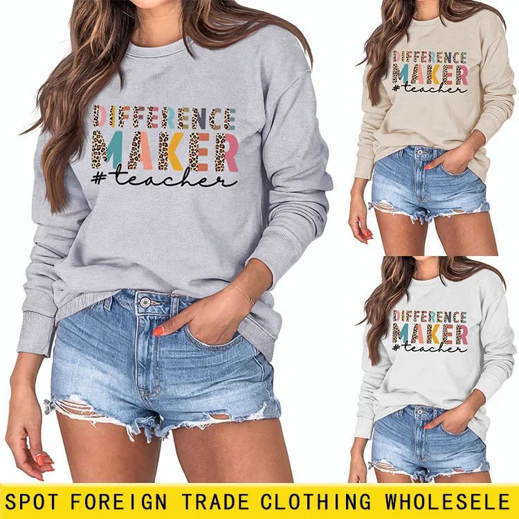 DIFFERENCE MAKER TEACHER LETTER Leopard Print Long-sleeved Sweater for Women