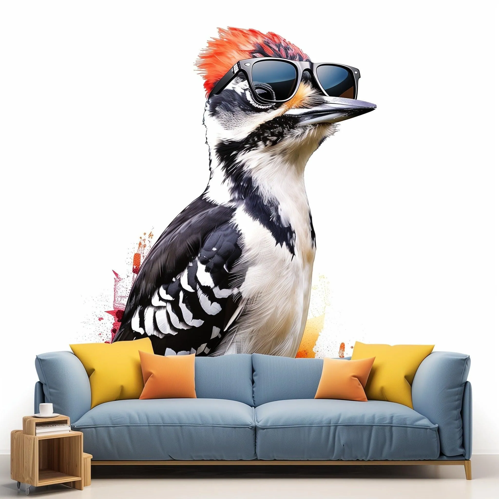 Downy Woodpecker Bird in Glasses Wall Sticker Decals - Unique Room Decor for Nature Lovers