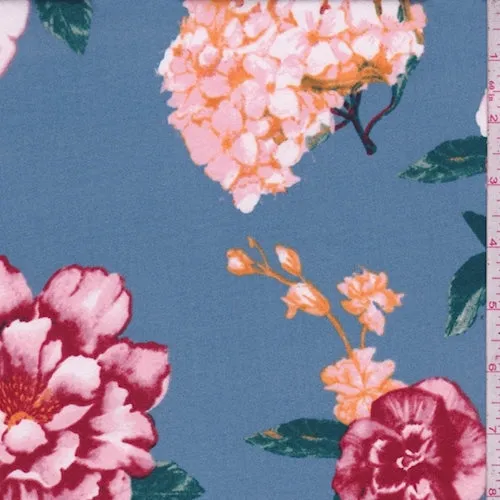 Dusty Blue Hydrangea/Floral Double Brushed Jersey Knit Fabric