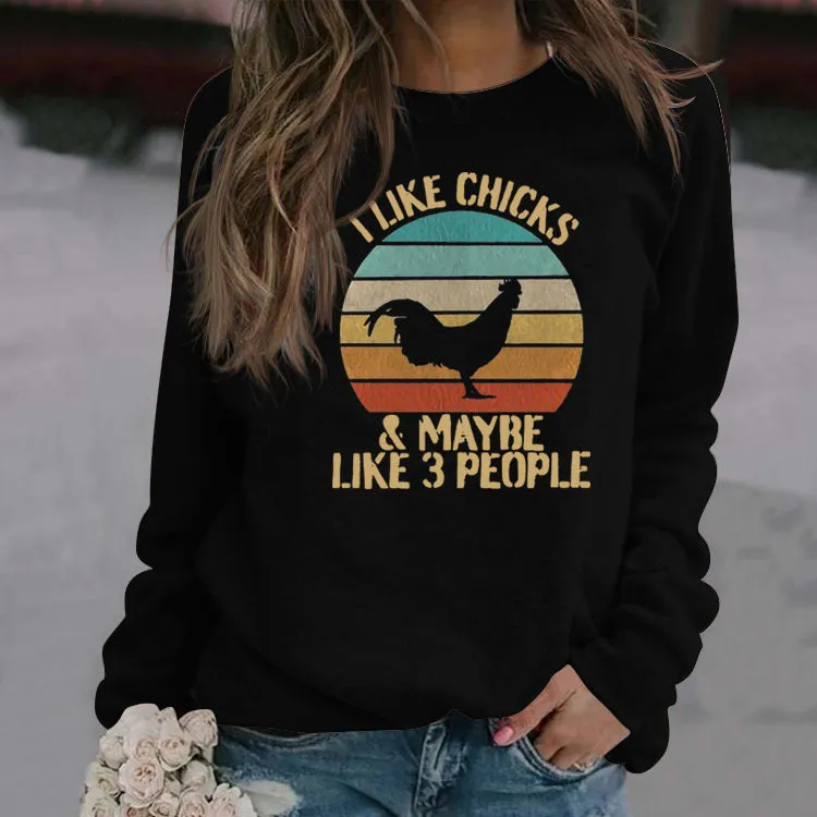 I LIKE CHICKS Alphabet Rooster Print Women's Long-sleeved Large Size Sweatshirt