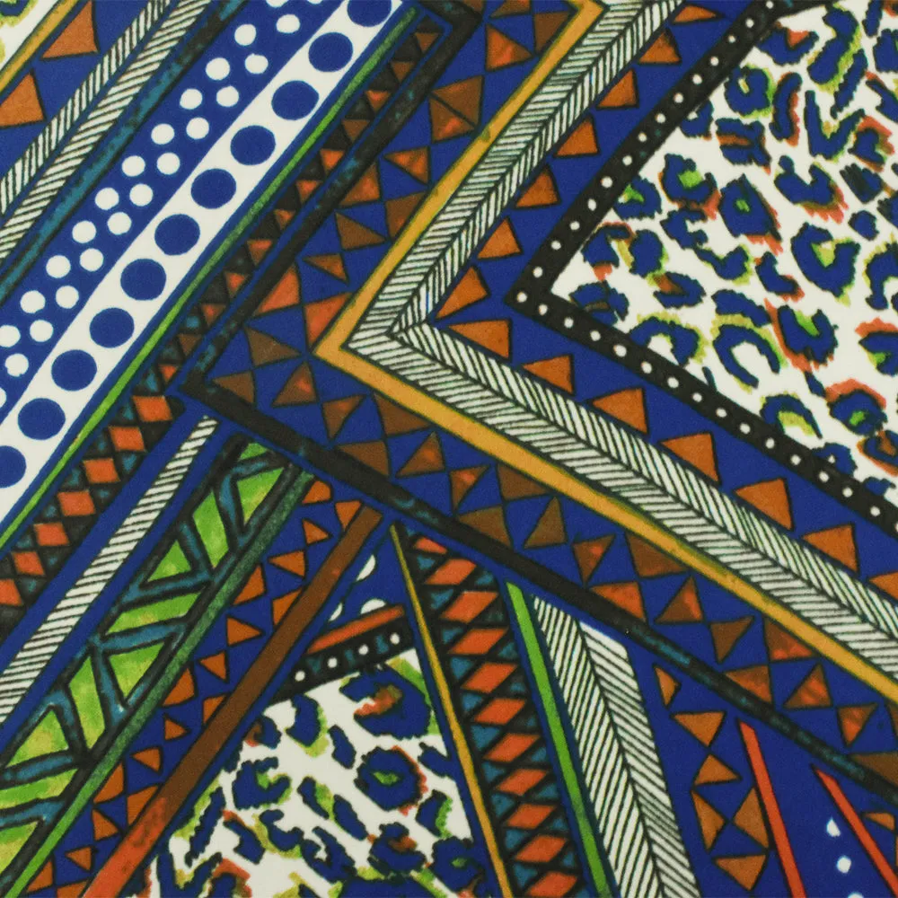 Ink Blue-Green-Multi Tribal Printed Poly Momie Crepe Woven Fabric