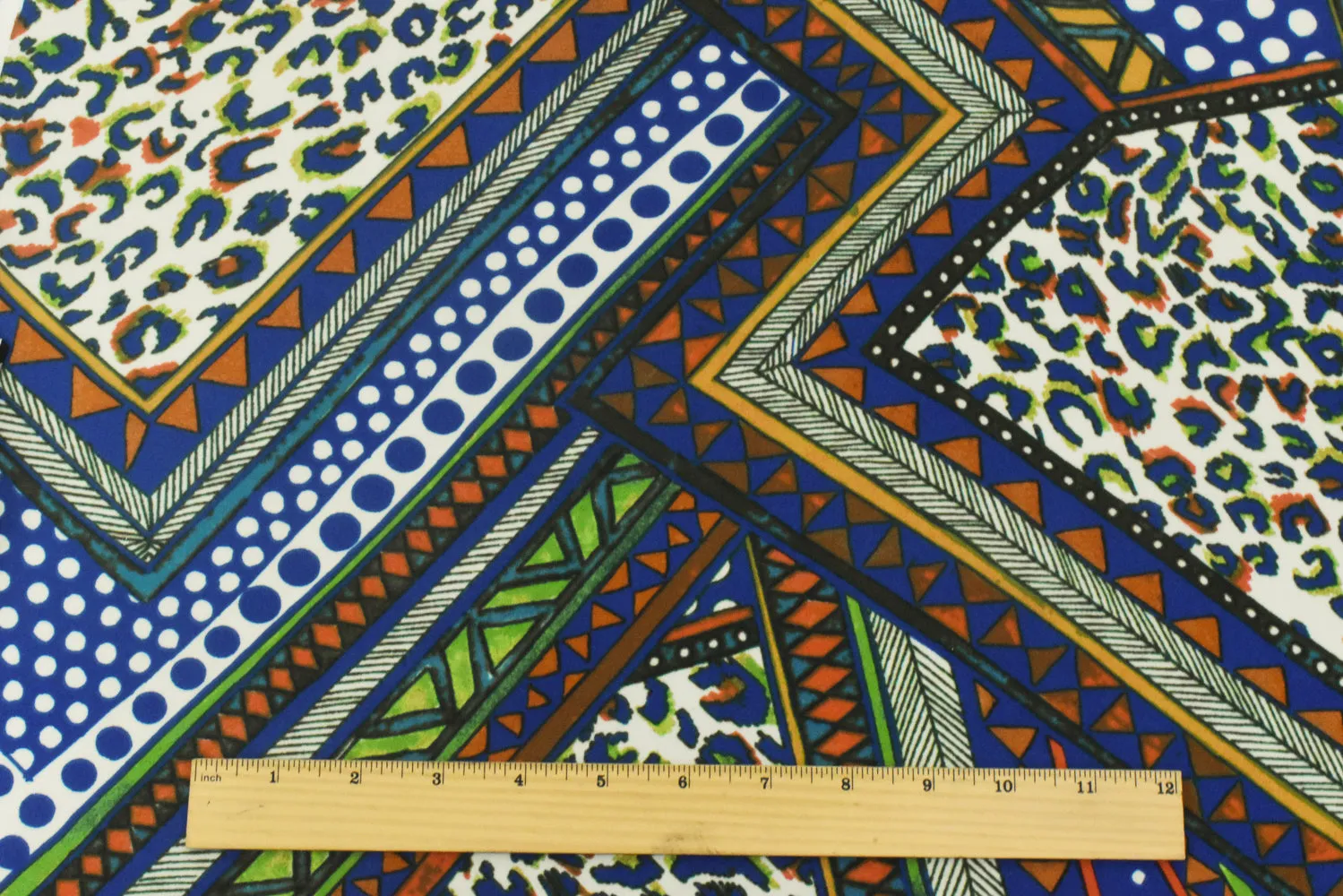 Ink Blue-Green-Multi Tribal Printed Poly Momie Crepe Woven Fabric