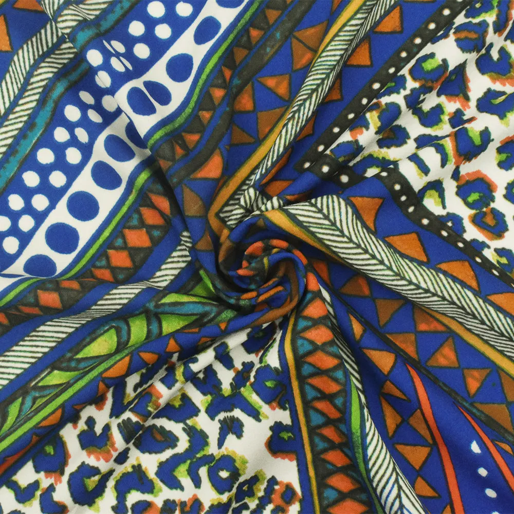 Ink Blue-Green-Multi Tribal Printed Poly Momie Crepe Woven Fabric