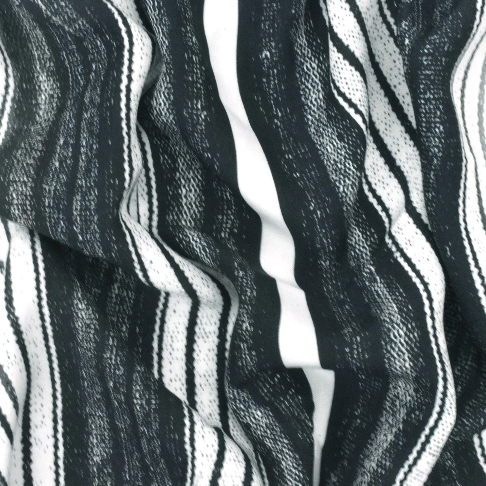 Ivory-Black-Gray Stripe Printed Viscose Challis Woven Fabric