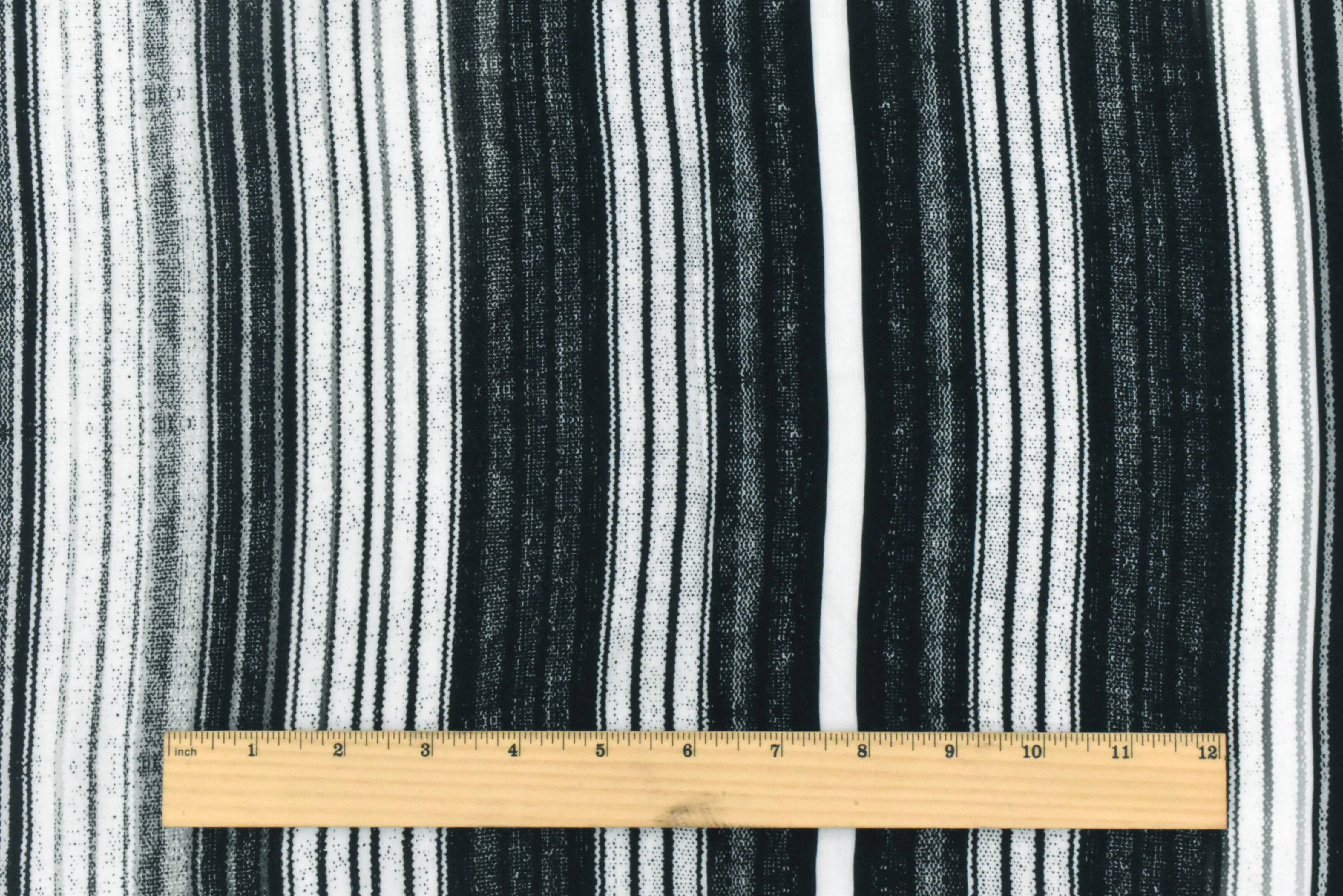 Ivory-Black-Gray Stripe Printed Viscose Challis Woven Fabric