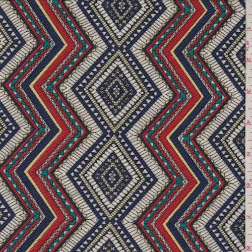 Ivory/Fire/Navy Zig Zag Crepe Knit Fabric