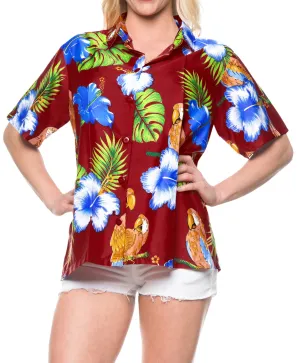 LA LEELA Women's Beach Casual Hawaiian Blouse Short Sleeve button Down Shirt Maroon