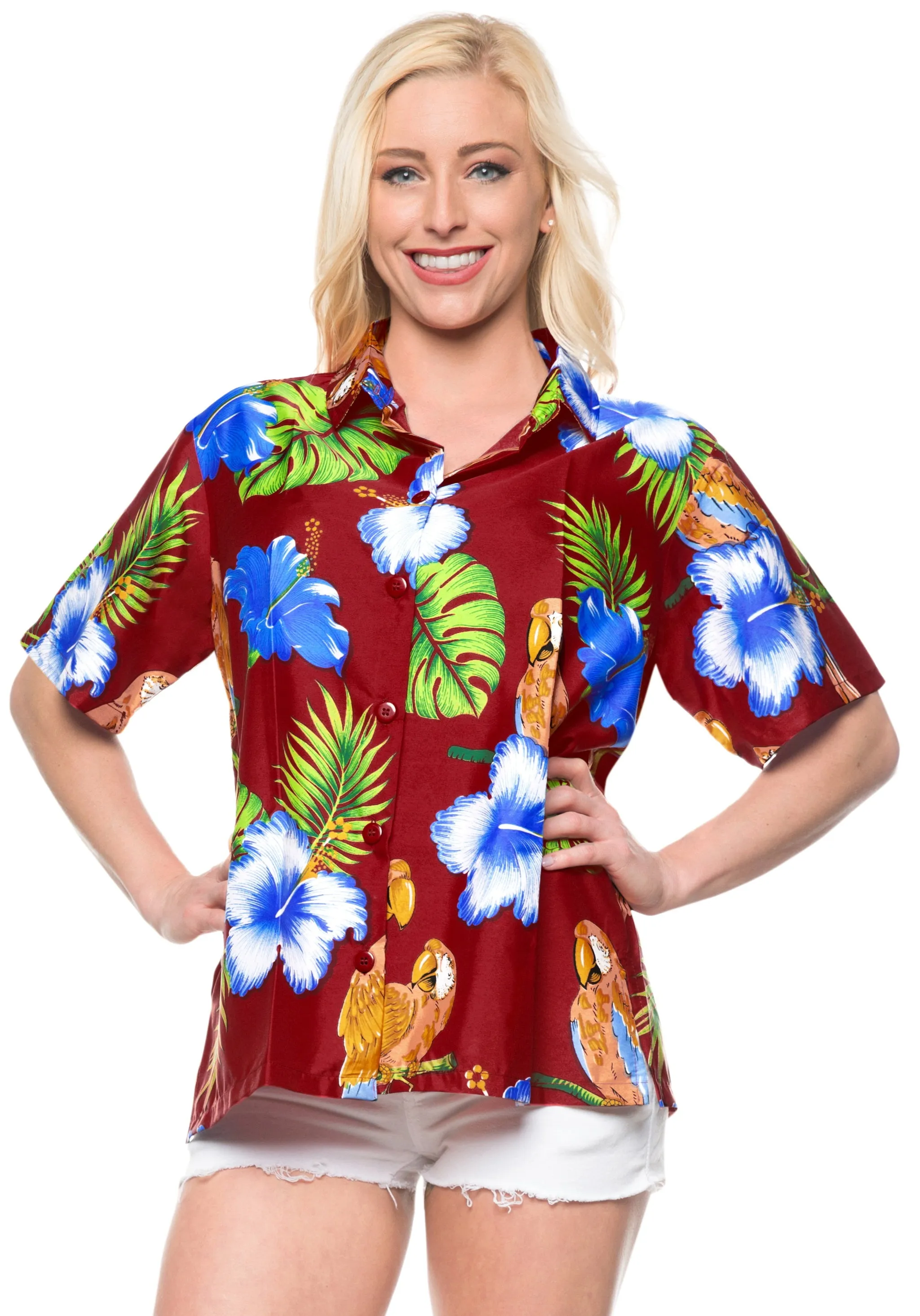 LA LEELA Women's Beach Casual Hawaiian Blouse Short Sleeve button Down Shirt Maroon