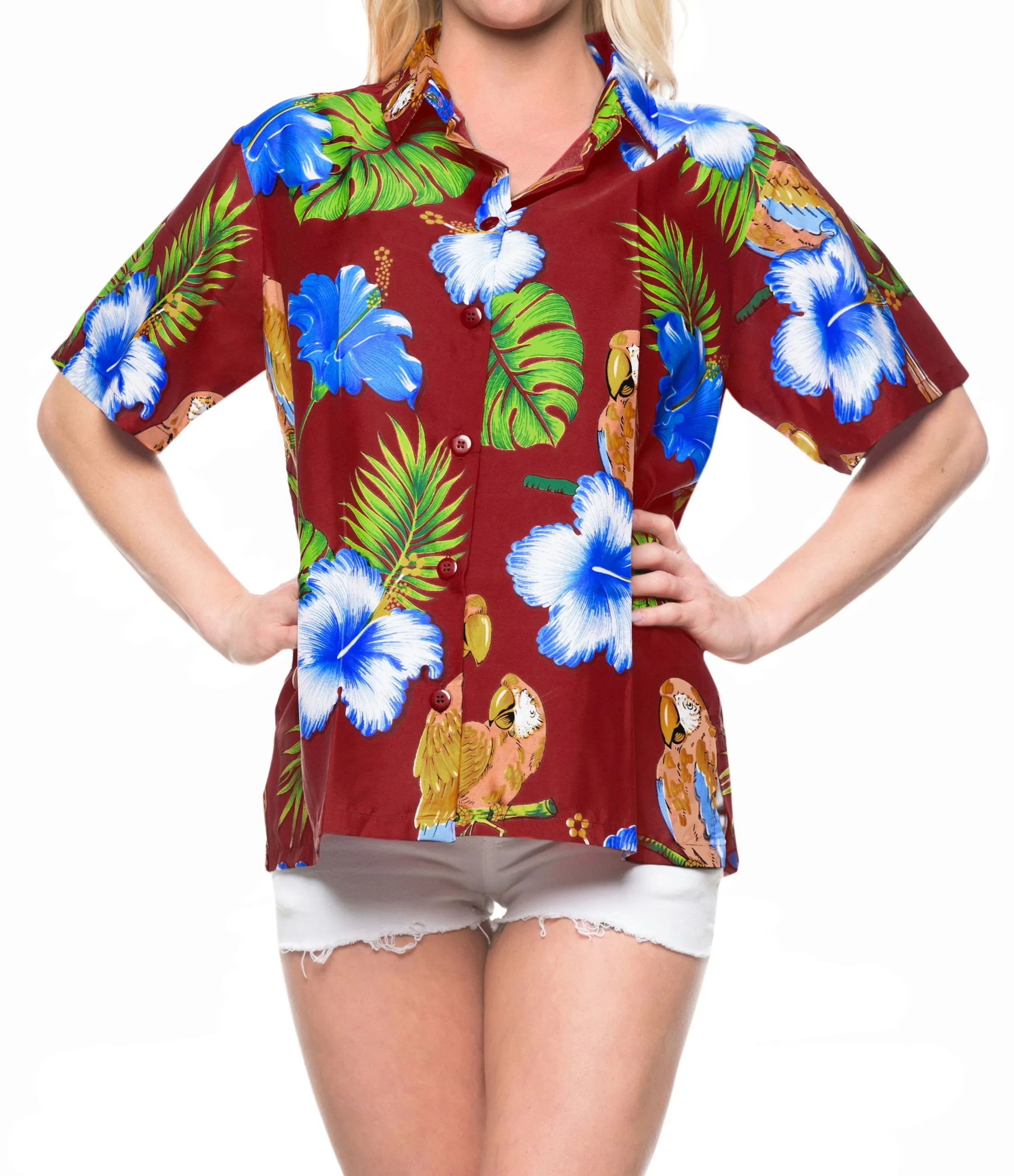 LA LEELA Women's Beach Casual Hawaiian Blouse Short Sleeve button Down Shirt Maroon