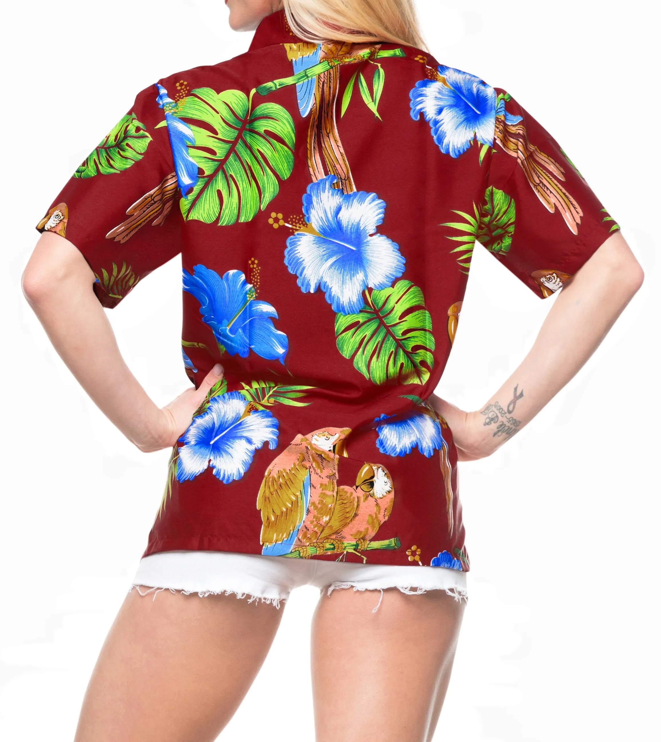 LA LEELA Women's Beach Casual Hawaiian Blouse Short Sleeve button Down Shirt Maroon