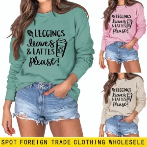 LEGGINGS LEAVES LATTES Letter Loose Bottoming Long Sleeve Plus Size Sweater