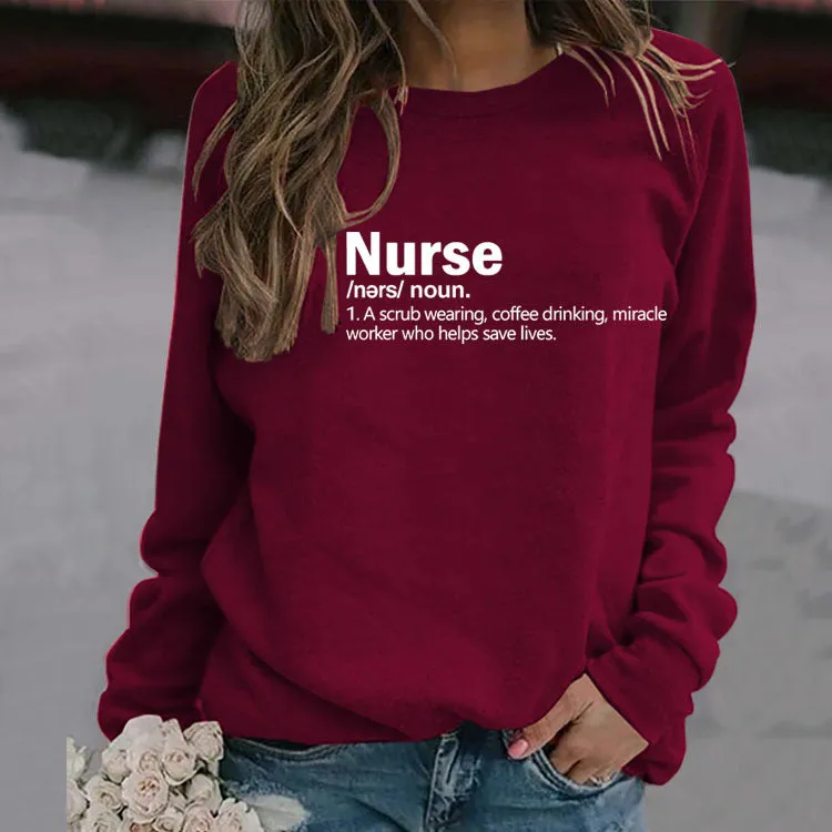 Nurse Noun A Scrub Fashion Round Neck Loose Large Long Sleeve Sweater