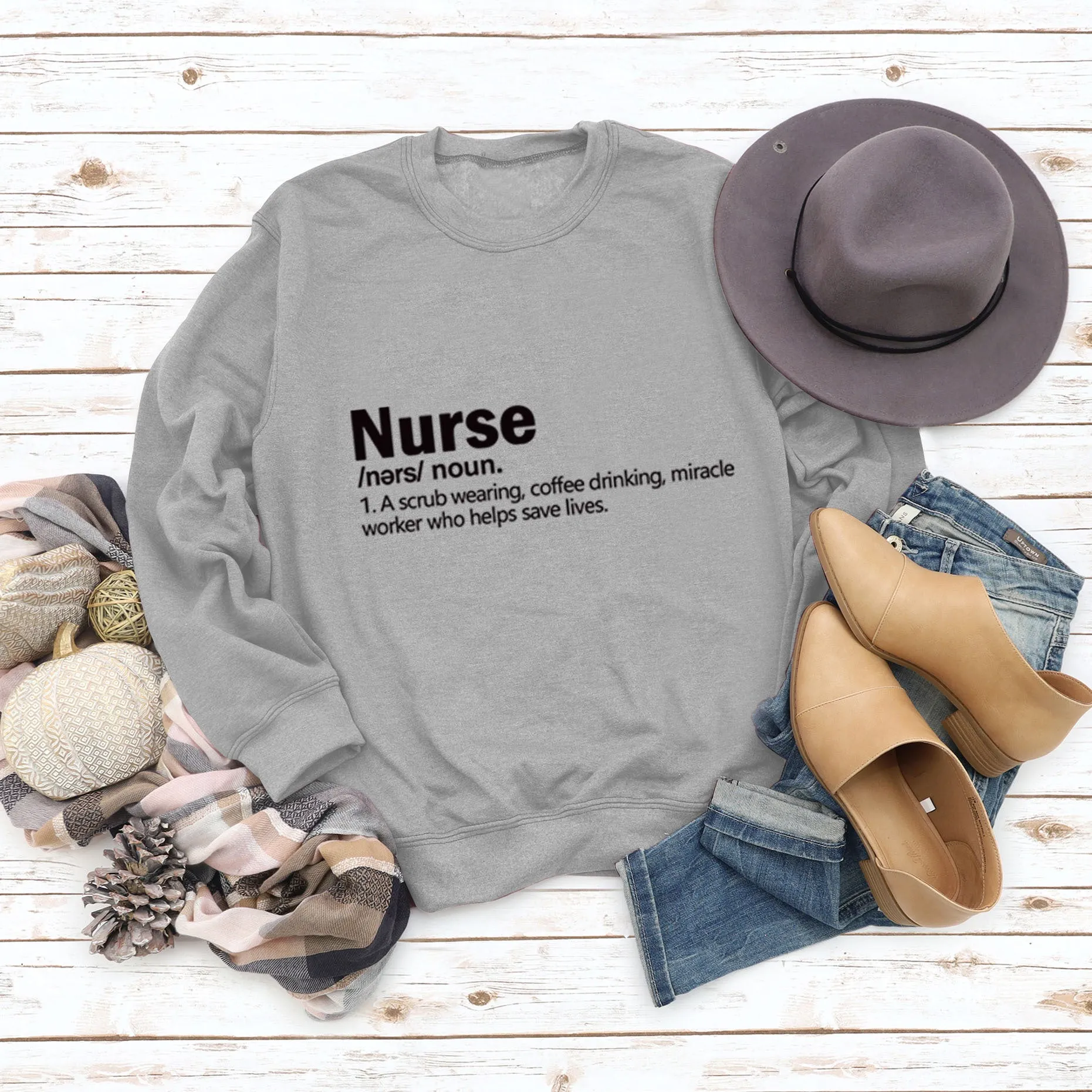 Nurse Noun A Scrub Fashion Round Neck Loose Large Long Sleeve Sweater