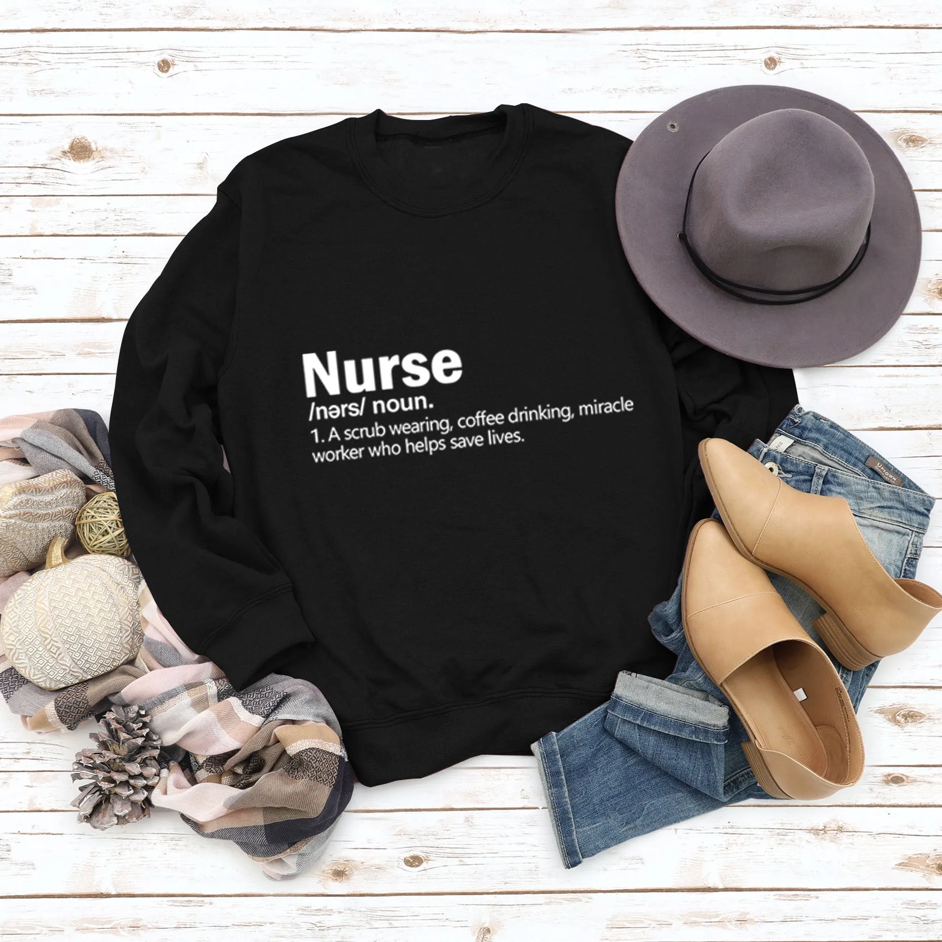 Nurse Noun A Scrub Fashion Round Neck Loose Large Long Sleeve Sweater