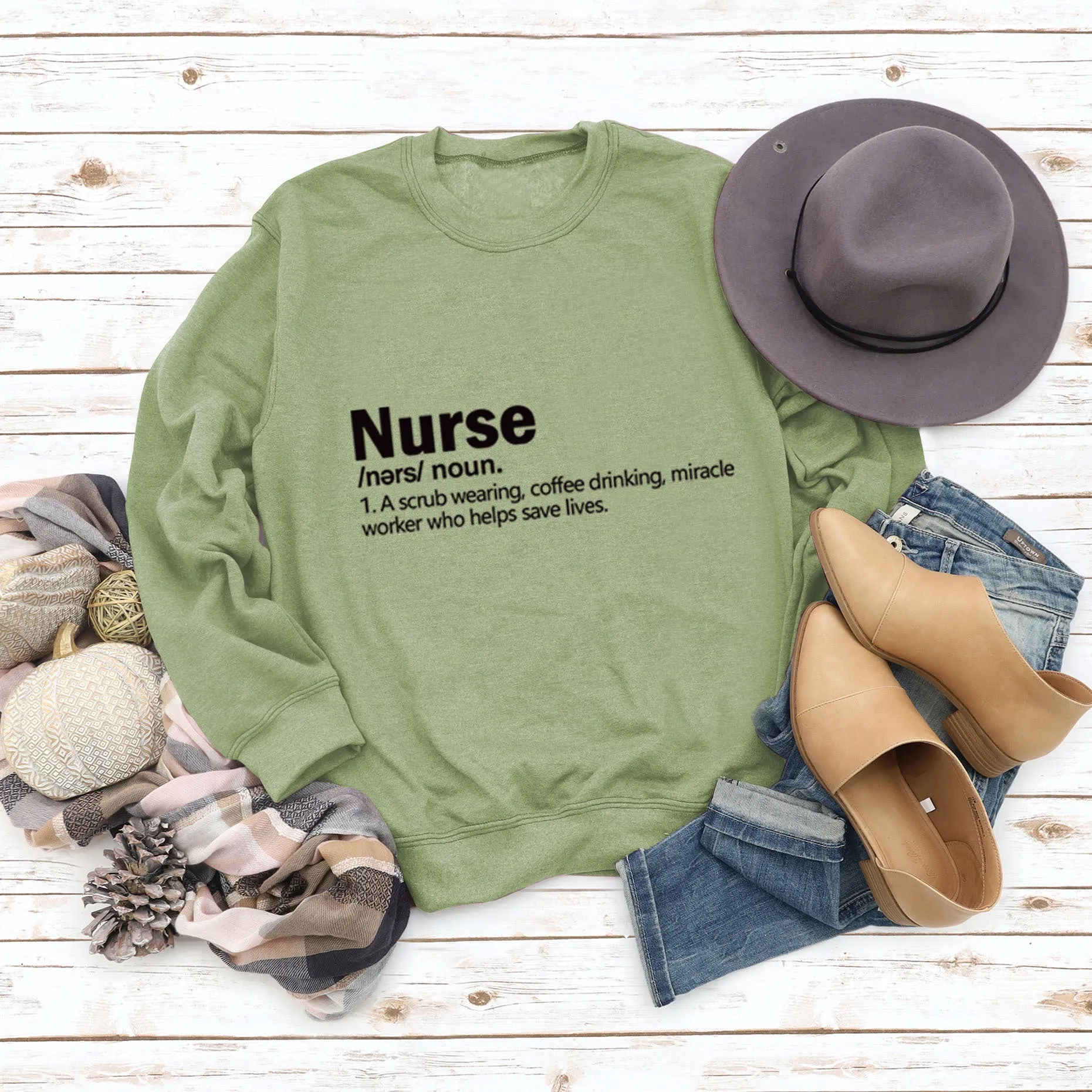 Nurse Noun A Scrub Fashion Round Neck Loose Large Long Sleeve Sweater