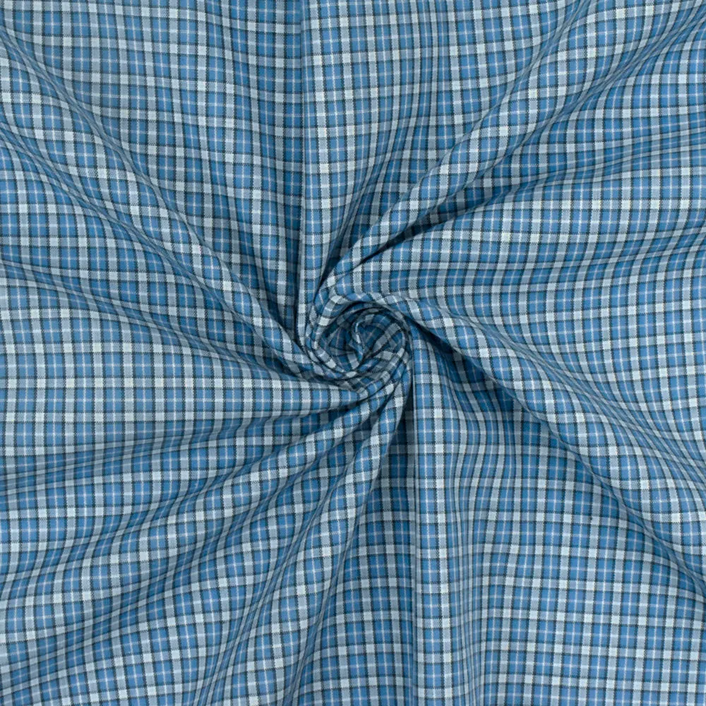 Ocean Blue-White-Multi Plaid Cotton Polyester Madras Woven Fabric