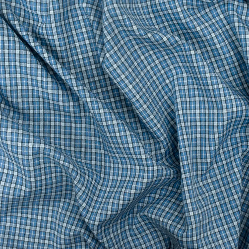 Ocean Blue-White-Multi Plaid Cotton Polyester Madras Woven Fabric