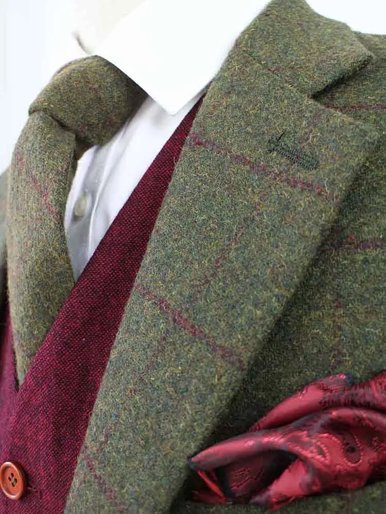 OLIVE GREEN PLAID TWEED 3 PIECE SUIT