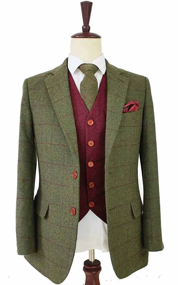 OLIVE GREEN PLAID TWEED 3 PIECE SUIT