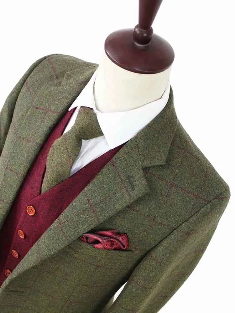 OLIVE GREEN PLAID TWEED 3 PIECE SUIT