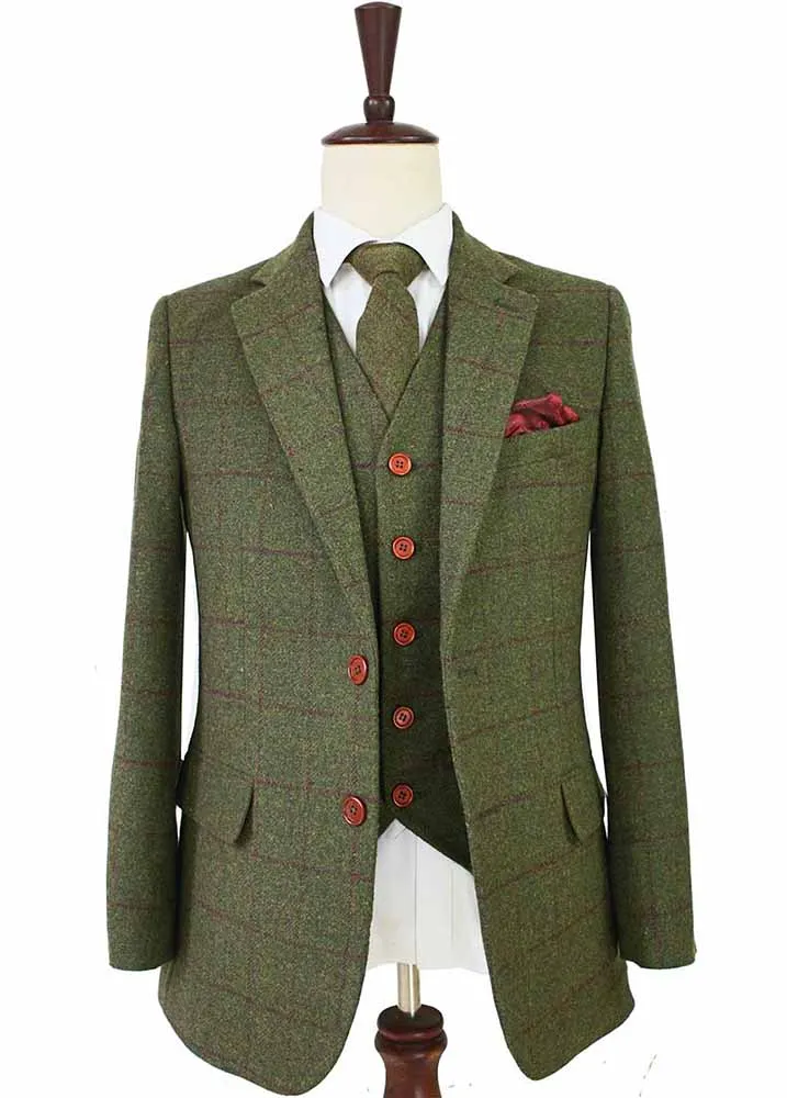 OLIVE GREEN PLAID TWEED 3 PIECE SUIT