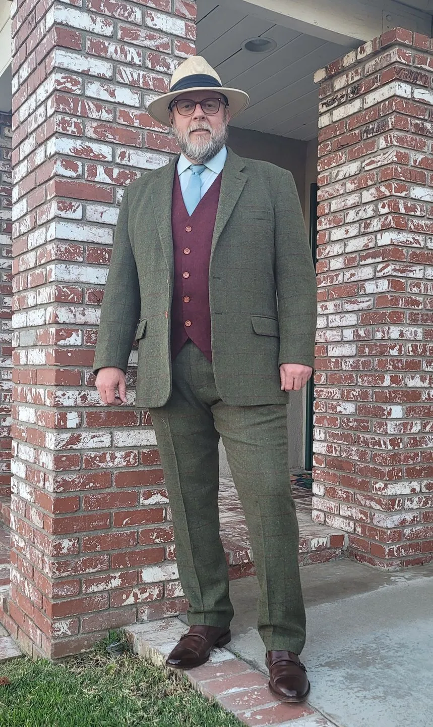 OLIVE GREEN PLAID TWEED 3 PIECE SUIT