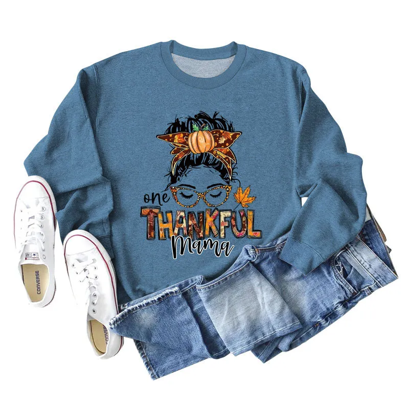 ONE THANKFUL MAMA Letter Pumpkin Halloween Round Neck Long Sleeve Sweatshirt with Large Size