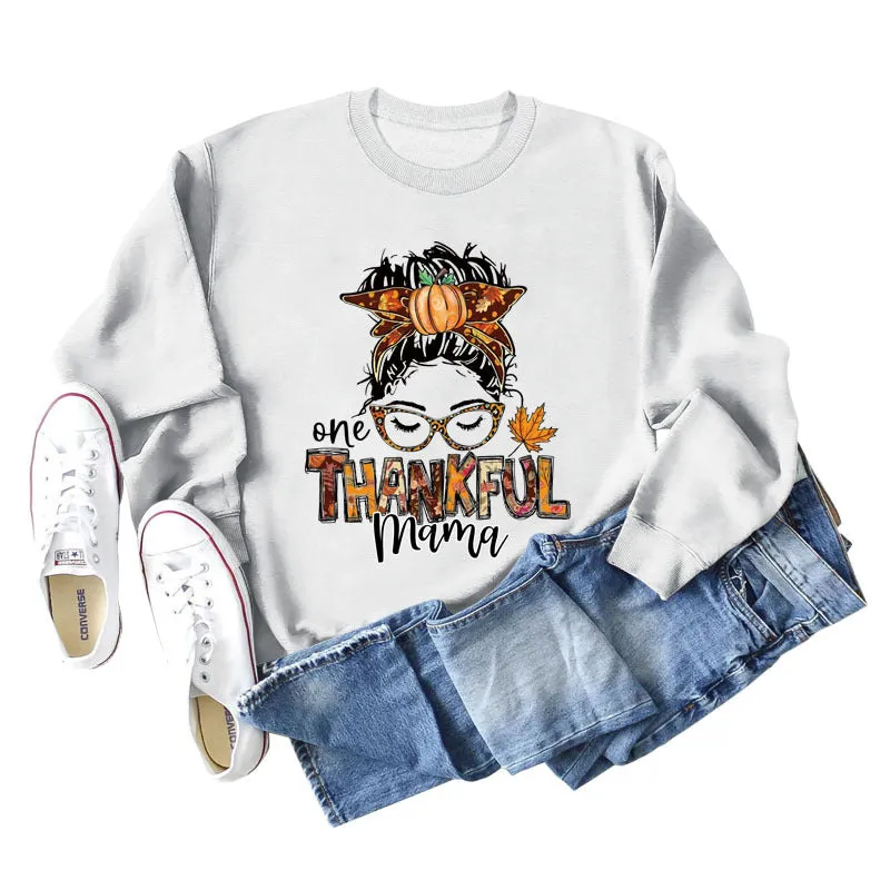 ONE THANKFUL MAMA Letter Pumpkin Halloween Round Neck Long Sleeve Sweatshirt with Large Size