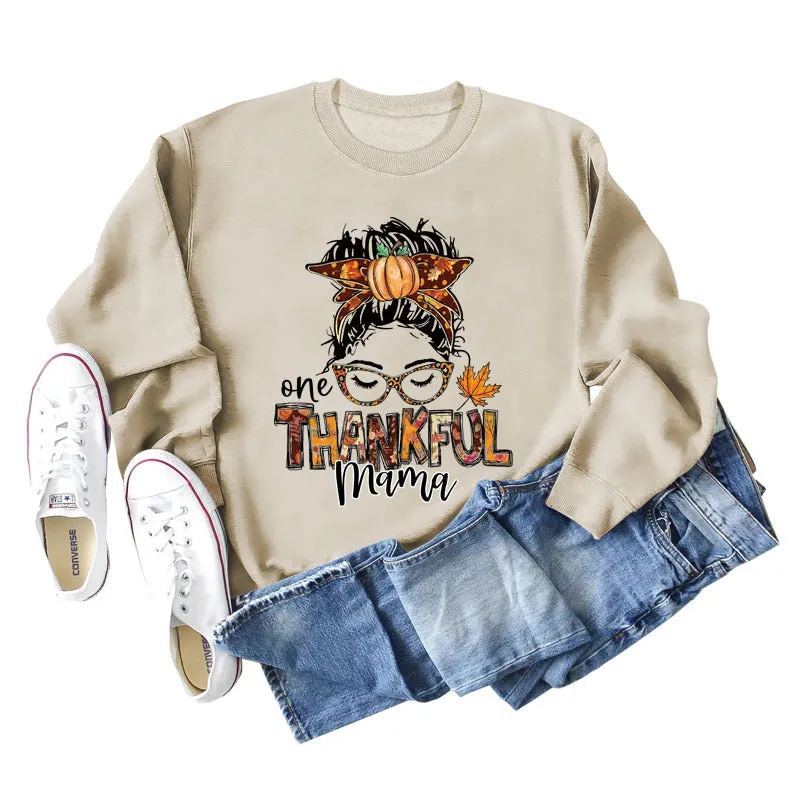 ONE THANKFUL MAMA Letter Pumpkin Halloween Round Neck Long Sleeve Sweatshirt with Large Size