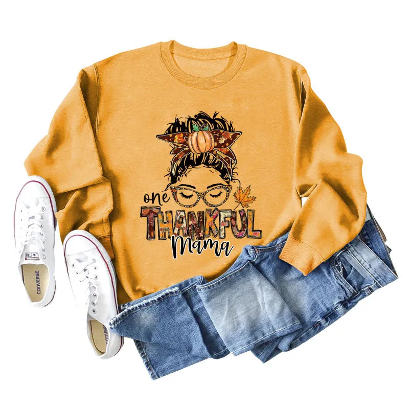 ONE THANKFUL MAMA Letter Pumpkin Halloween Round Neck Long Sleeve Sweatshirt with Large Size