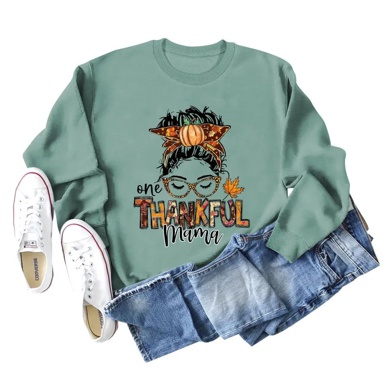 ONE THANKFUL MAMA Letter Pumpkin Halloween Round Neck Long Sleeve Sweatshirt with Large Size