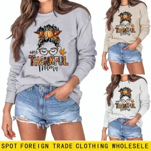 ONE THANKFUL MAMA Letter Pumpkin Halloween Round Neck Long Sleeve Sweatshirt with Large Size